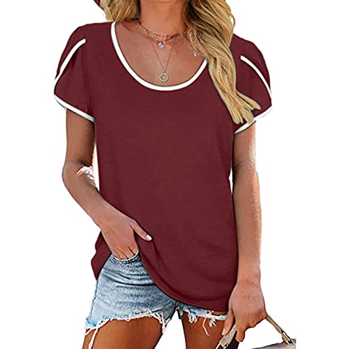 Womens Waffle Knit Tunic Blouse Tie Knot Short Sleeve Henley Tops Loose Fitting Bat Wing Shirts Maternity Blouse Petite Tops for Womens Date Night Tops for Womens Womens Work T(@98-Wine,M)
