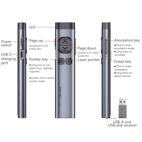 NORWII Clicker de apresentação Bluetooth com ponteiro digital, clicker para apresentações em PowerPo