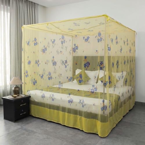 Image of Mosquito Net for King Size Bed - Foldable Square Mosquito Net Double Bed | Mosquito Net for Queen Size Bed | Floral Printed with Base Cloth Mosquitoes Net Sukun Wali Neend (6.5 x 6.5ft, Yellow)