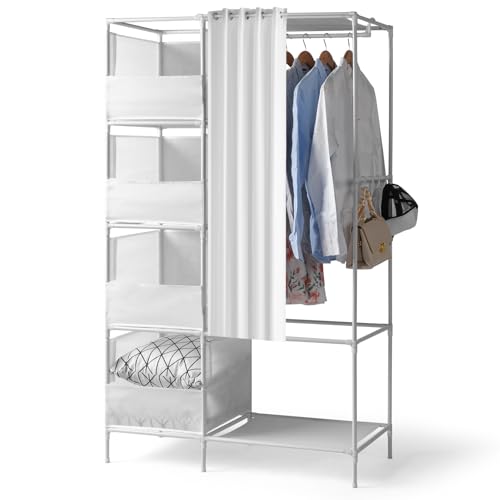 TactFire Armoire de Rangement en Tissu, Penderie Armoire Chambre Portable avec Rideau, Armoire à Vêtements, 105 x 45 x 170 cm