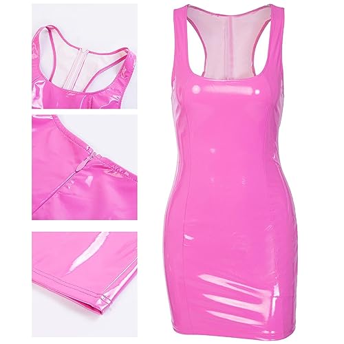 Vestido Rosa Brilhante,Vestido regata de couro sem mangas brilhante | Vestido espartilho sem costas