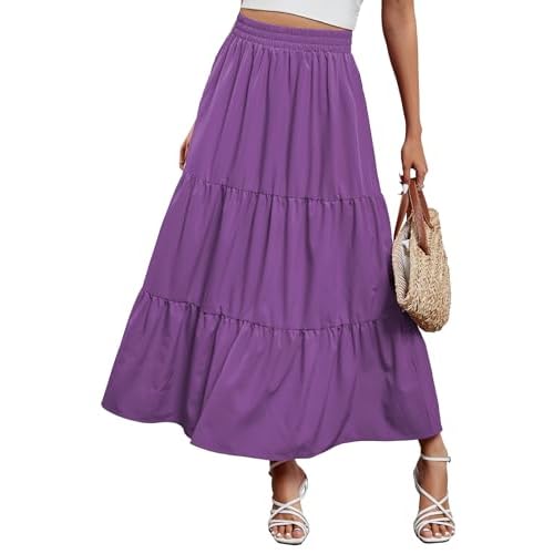 Arolina Maxi Skirt for Women Summer Boho Elastic High Waist Pleated A-Line Flowy Ruffle Swing Tiered Long Beach Skirt Dress X-Large Purple