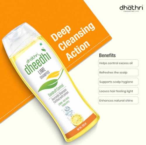 Image of Dhathri Dheedhi Lime Shampoo with Lemon, Tulsi, Amla & Thornapple | Anti-Fungal & Anti Dandruff Herbal Shampoo for Men & Women | Sulfate & Paraben Free | All Hair Types, 250ml