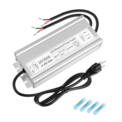 Image of 24V 350W LED Power Supply, IP67 Waterproof LED Driver, Low Voltage Transformer, AC 90-140V to DC 24V 14.6A Converter with 3-Prong Plug 3.3 Ft Cable for Outdoor LED Light, Landscape Light, Industrial