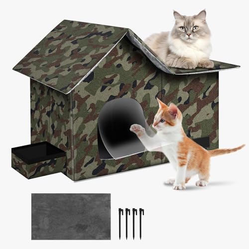 猫 ハウス キャットハウス ペットハウス 猫の家 猫小屋 外猫ハウス 四季通用 暖かい 寒さ対策 防水 防寒 防風 折りたたみ式 組立簡単 屋外 屋内 猫 外猫 野良猫用 クッション付き 食器付き (迷彩, L)