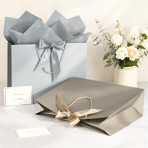 Image of JMANNI Gift Bags with Handles, 13 inch Medium Gift Bag for Presents, 8 Pcs Bags with 16 Tissue Paper and 8 Cards for Baby Shower Wedding Bridal Shower Mother's Day Birthday Party(Champagne silver)