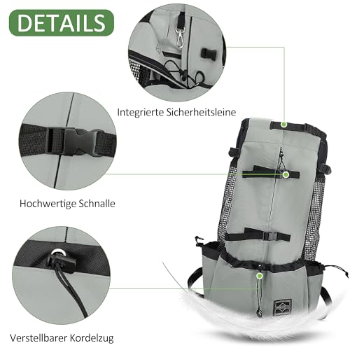 ALLSOPETS Hunderucksack Tragetasche Verstellbar für Kleine Mittelgroße Hunde, Haustier Rucksack zum Spaziergang Wandern Camping Bergsteigen Reisen (Salbeigrau, M)