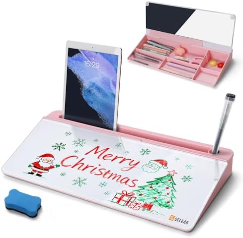 SELEAD Desktop Glass Whiteboard with Organizer & Built-in Mirror - Small Dry Erase White Board Computer Pad Keyboard Stand with Markers, Eraser, Holder for Women - Pink