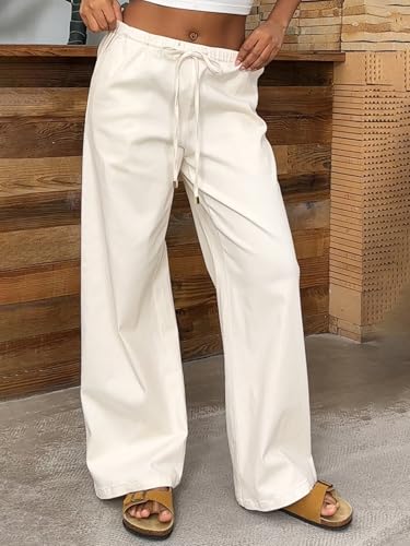 Flamingals Women's Straight Leg Pants Baggy Mid Waist Casual Solid Drawstring Eyelet Waist Slant Pocket Pants2