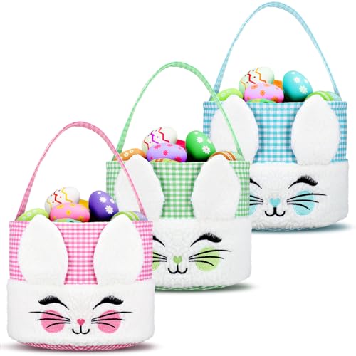 3 Pcs Easter Basket with Handle for Kids Soft Plush Personalized Cute Empty Bunny Basket for Boys and Girls Easter Bags Party Decorations Supplies Gifts Stuffer Egg Candy Storage