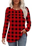 Christmas Shirts for Women Long Sleeve Tops Dressy Casual Blouses Plaid Sweaters Holiday Outfits Fall Winter Pullovers Black Red M