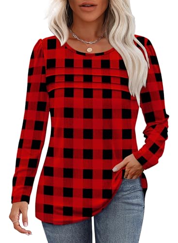 Christmas Shirts for Women Long Sleeve Tops Dressy Casual Blouses Plaid Sweaters Holiday Outfits Fall Winter Pullovers Black Red M