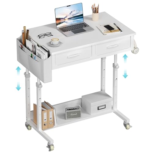 Small White Portable Rolling Standing Desk with Wheels, 32 Inch Adjustable Mobile Stand up Teacher...