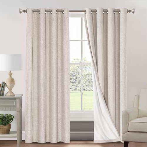 Image of PrinceDeco Linen 100% Blackout Curtains for Bedroom /Living Room Natural Colored Drapes Extra Long Curtains 120 Inch Long for Thermal Insulated Window Curtain Panels Linen Look Fabric with White Liner