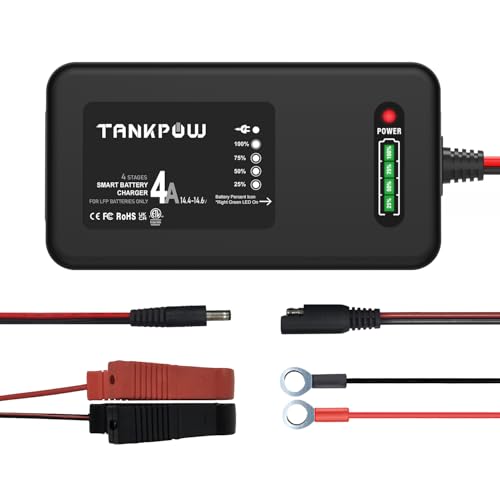 TANKPOW Cargador de batería LiFePO4 de 14.6 V, cargadores de batería de litio de 4 A, cargador de batería inteligente LiPO de 12 V para coches, motocicletas, carrito de golf, UAV, barco de pesca y