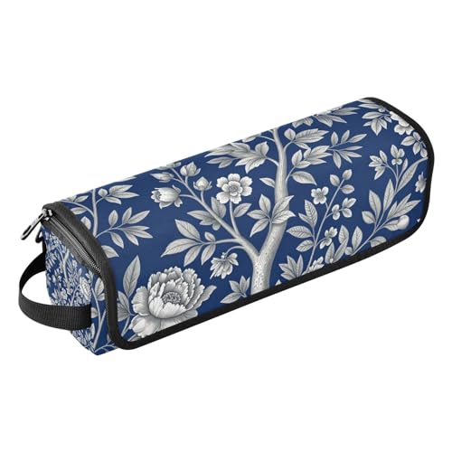 Bolsa de viaje para herramientas de cabello con almohadilla resistente al calor, impermeable, organizador para planchas, rizadores y planchas alisadoras, flores vintage blancas y azul marina