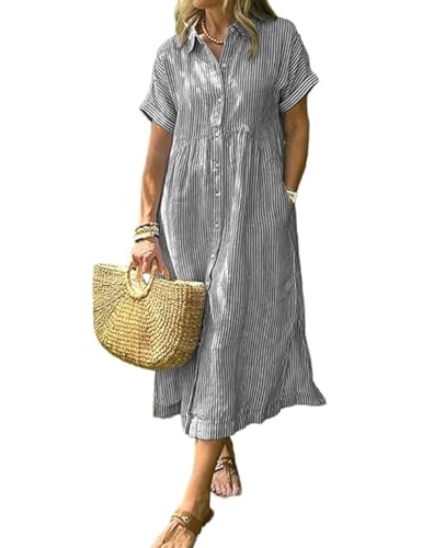 ThCreasa Womens Summer Striped Button Down Shirt Dress Short Sleeve Lapel Loose Midi Long Dresses with Pockets Grey M