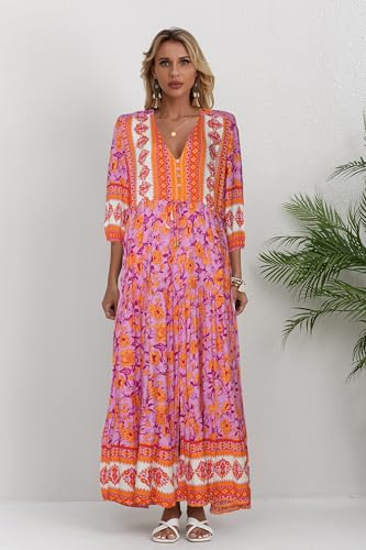 Image of Women Short Sleeve V Neck Floral Print Casual Bohemian Maxi Dresses