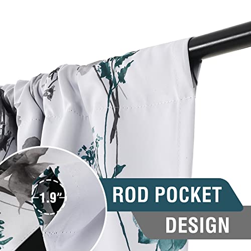 H.versailtex 100% Blackout Curtains For Bedroom Cattleya Floral Printed Drapes 63 Inches Long Leah Floral Pattern Full Light Blocking Drapes With Black Liner Rod Pocket 2 Panels, Grey/Teal #TOP2