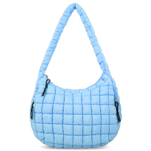 Large Quilted Puffer Tote Bag Puffy Crossbody Shoulder Bag, Lightweight Soft Nylon Quilted Oversized Padding Hobo Tote Bag Handbags Puff Purse Carryall Gym Bag Trendy Tote for Women(LARGE-Blue)