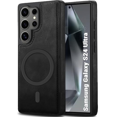 Image of TheGiftKart Genuine Leather Finish Back Cover Case for Samsung Galaxy S24 Ultra 5G | Raised Edges for Camera & Screen Protection | Shockproof Stunning Minimalist Design (MagSafe Compatible, Black)