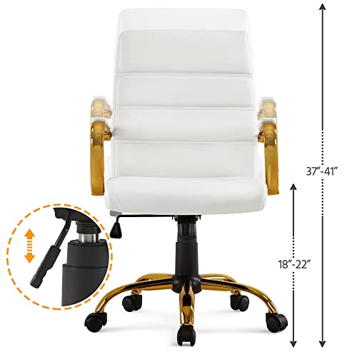 Topeakmart Office Desk Chair Mid-Back Adjustable Chair Pu Leather Executive Chair W/Gold Frame White Seat #TOP6