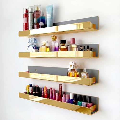 Image of 4 Pack 15 Inch Gold Reflective Acrylic Shelves, Gold Foating Shelves, Modern Sunglasses Essential Oil Picture Ledge Display Toy Storage Shelf