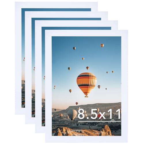 8.5x11 Picture Frame Set of 4 for Certificate Poster Photo, Horizontal and Vertical Formats for Wall Hanging or Tabletop, 8.5x11 Wall Photo Frame with Shatter Resistant Plexiglass, 4 Pack, White