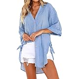 Blouses for Women Plus Size,Womens Casual Loose Roll-up Sleeve Blouse Pocket Button Down Shirts Tops