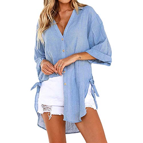 Blouses For Women Plus Size,Womens Casual Loose Roll-Up Sleeve Blouse Pocket Button Down Shirts Tops #TOP12