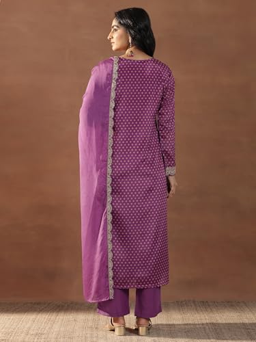Image of Libas Womens Printed Silk Blend Straight Kurta With Trousers and Dupatta