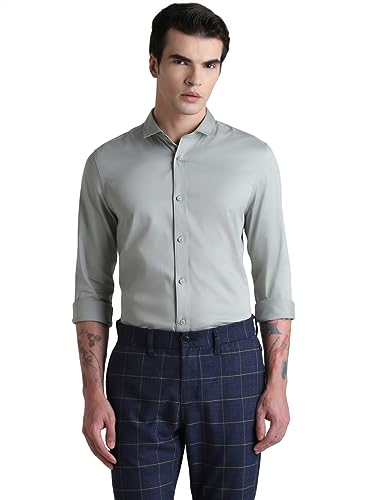 Image of Jack & Jones Men's Cotton Slim Fit Solid Opaque Checked Spread-Collar Casual Shirt