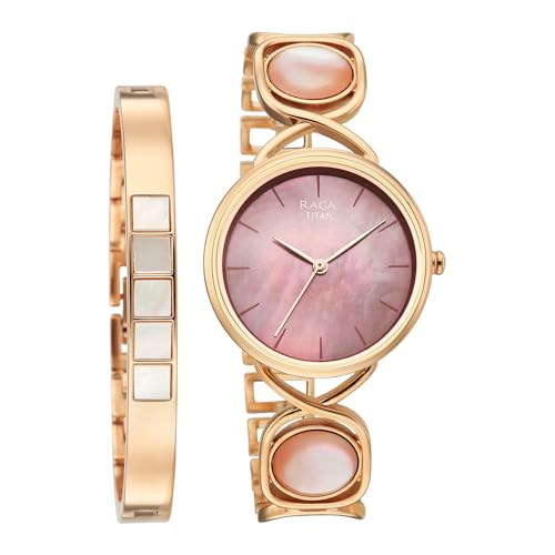Image of Titan Raga Power Pearls 2.0 with Quartz Analog Mother of Pearl Dial Rose Gold Brass Strap Watch for Women - 2810WM02F