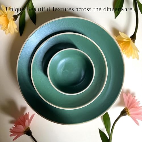 Image of Hand Painted Ceramic Dinnerware Set - 18 Pieces | 6 Dinner Plates, 6 Small Plates, 6 Katori Bowls | Earthy Green | Microwave & Dishwasher Safe | Perfect for Home & Gifting