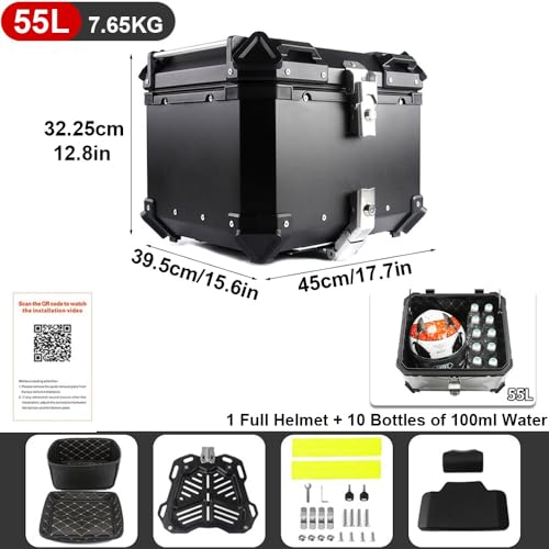 Baúl de moto de aluminio de 55L negro universal para maletero de scooter 6