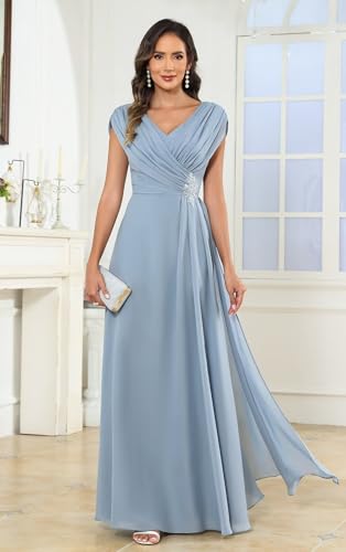 Modest Mother of The Bride Dresses for Women Cap Sleeve V Neck Chiffon Formal Wedding Guest Dress3