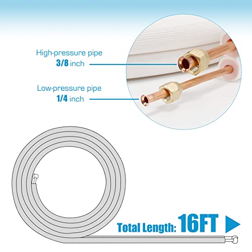 Air Jade 16 Ft. Mini Split Line Set, 1/4 & 3/8 Inch O.d. & 3/8" Pe Thickened Insulated Coil Copper Pipes With Fittings, For Ductless Mini Split Air Conditioning, Heat Pump Systems #TOP1