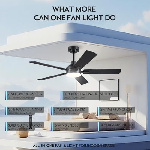 Image of JSAITEE Ceiling Fans with Lights and Remote, 46 inch Black Low Profile Fan Light-Flush Mount with 5 Reversible Blades,6 Wind Speeds 3CCT Dimmable, Indoor Light Fixture for Bedroom