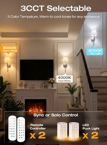 Image of CLOUDY BAY 10000mAh Battery Operated Wall Sconces,Up to 100 Hours with Rechargeable RGB Dimmable Magnetic Bulb,Cordless Wall Lighting Fixtures with Remote for Bedroom,Brushed Nickel,2 Pack-15.4in
