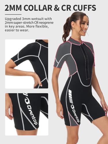 Owntop Traje de neopreno corto de 3/2 mm para mujer, con cremallera frontal, traje de neopreno para buceo, surf, manga corta, neopreno elástico para deportes acuáticos, mujer, negro, M - imagen 5