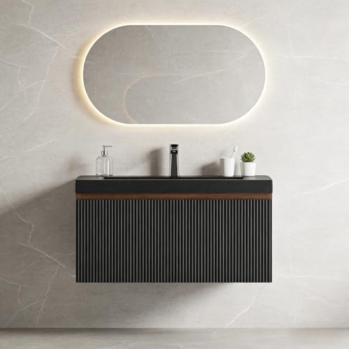 Image of 30'' Floating Bathroom Vanity with Sink, Wall-Mounted Bathroom Storage Cabinet with Soft-Close Striped Drawer & Quartz Sand Basin, Modern Smoked Walnut Body with Internal Handle, Black