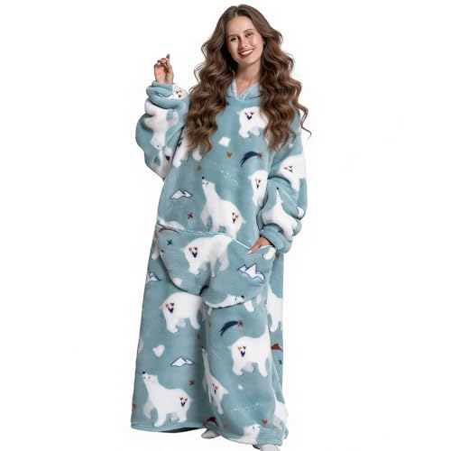 Extra Long Oversized Blanket Hoodie for Adults Women Men, Snuggle Fleece Hooded Wearable Blanket Sweatshirt with Sleeves and Pocket, Ultra Soft Warm Hoodie Blanket, Warm Cozy Lounge Pullover