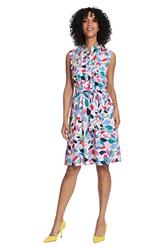 Image of Maggy London Women's Women's Leaf Printed Sleeveless Shirt Dress with Pleated Bodice and Waist Tie