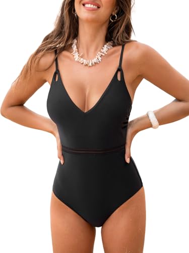 CUPSHE Women's One Piece Swimsuit Bathing Suit V Neck Mesh Adjustable Straps Spaghetti Mid Rise