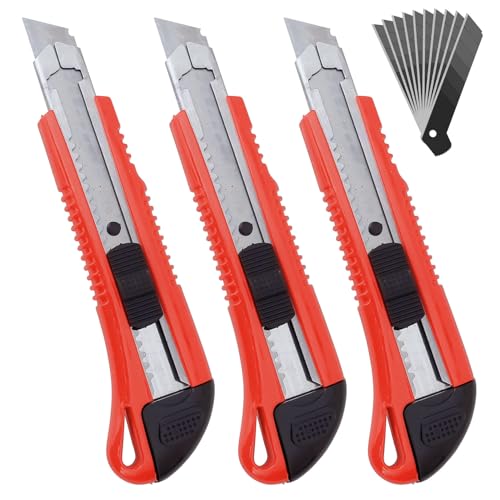 3 Stück Cuttermesser Set 18mm mit 10 Ersatzklingen, Abbrechklingen Kartonmesser Mehrzweck Messer Allzweckmesser Teppichmesser mit Sicherheitslock, Cuttermesser Profi mit Gummigriff