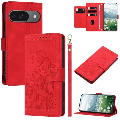 Housse cuir Google Pixel 8 rouge anti-rayure avec support vidéo intégré