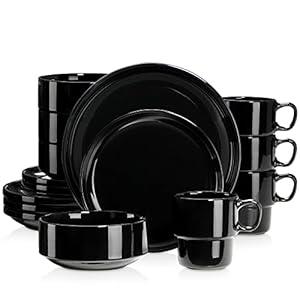 LOVECASA Black Dinnerware Sets for 4, Porcelain Dish Set with Lipped Edges, 16 PCS Plates and Bowls Sets with Dinner Plates, Dessert Plates, Bowls and Mugs, Dishwasher & Microwave Safe