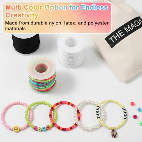 Image of HASTHIP 3 Rolls 1mm Nylon Elastic Beading String Cord, 50M Each Black White & Colorful Stretch Thread for Jewelry Making, Bracelet Necklace Crafting & DIY Bead Projects