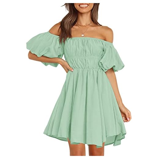 MEROKEETY Women's 2022 Summer Lantern Sleeve Solid Color Smocked Dress A Line Ruffled Swing Dress with Pockets