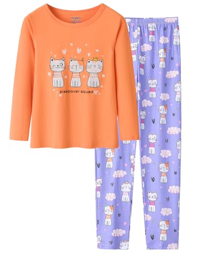 Pajamas for Girls Cute Cat Unicorn Long Sleeve and Pants PJS Set Big Kids Cotton Sleepwear Set Size 6-16
